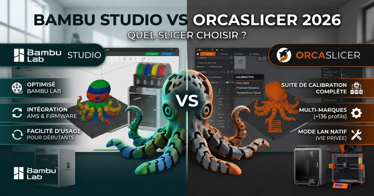 Interface côte à côte de Bambu Studio et OrcaSlicer avec un plateau d'impression 3D