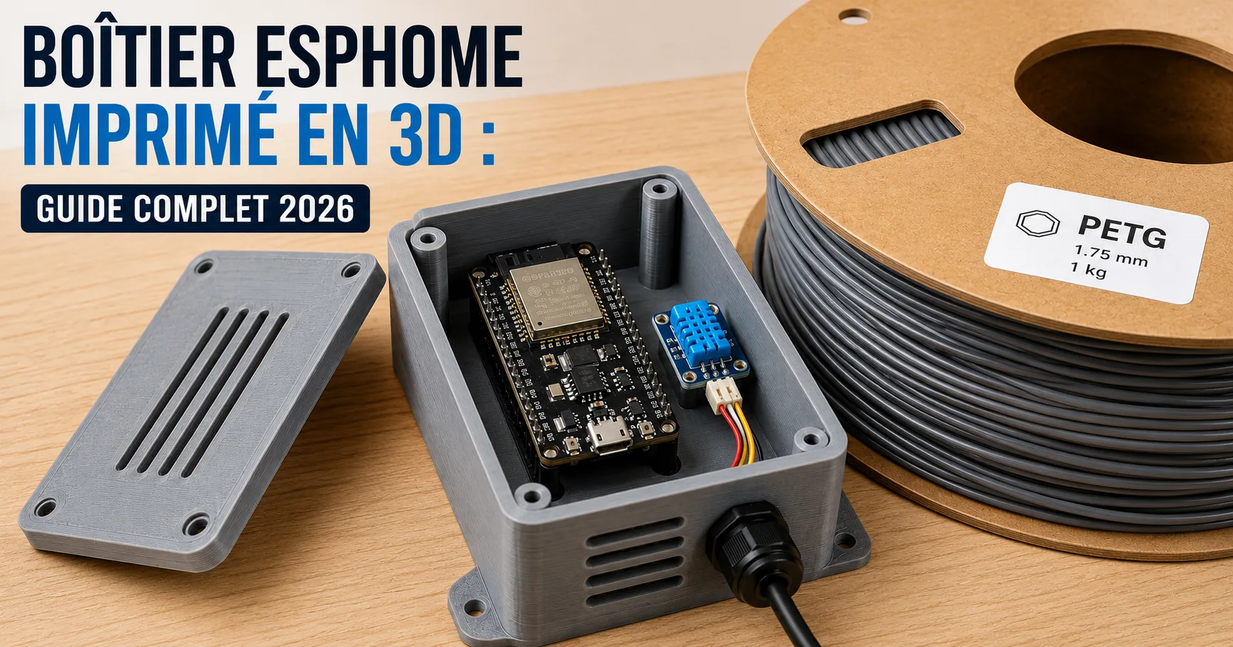 Boîtier imprimé en 3D ouvert laissant voir une carte ESP32 et un capteur, à côté d'un rouleau de filament PETG