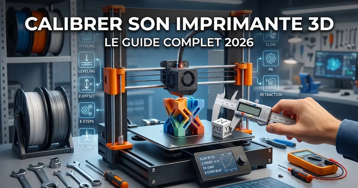 Schéma de calibration imprimante 3D FDM — bed leveling, Z-offset, flow rate, pressure advance OrcaSlicer 2026