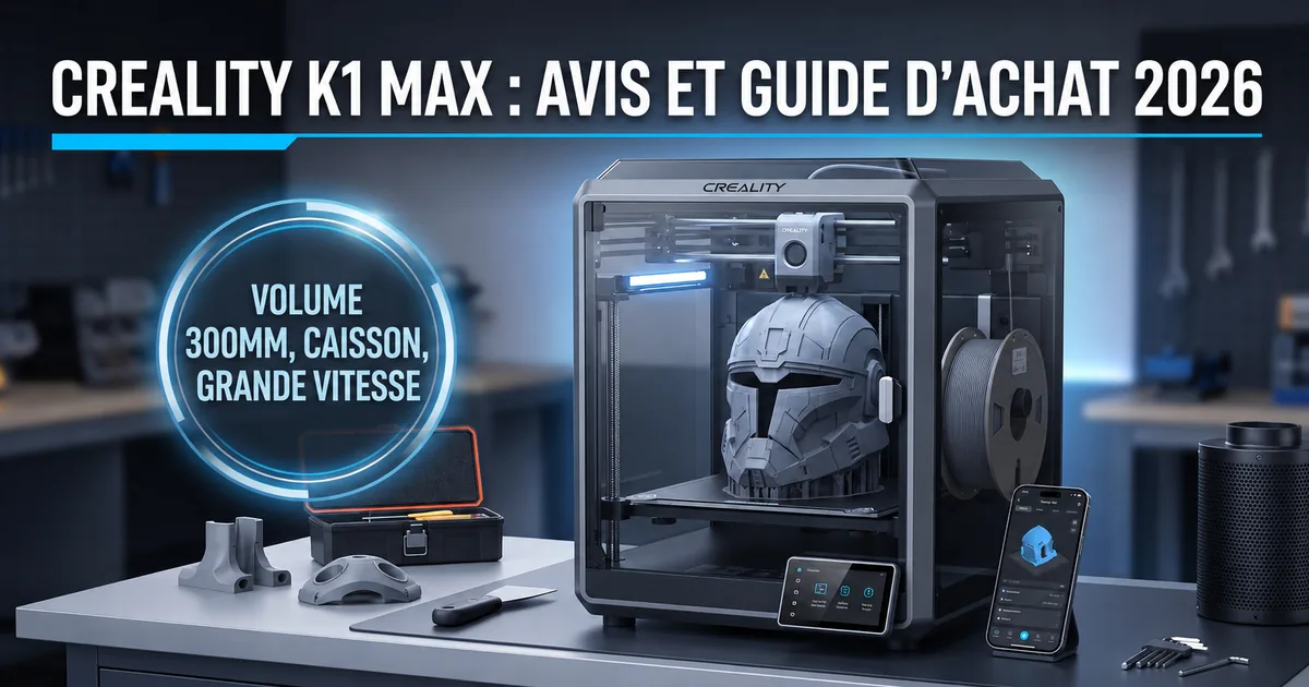 Creality K1 Max, imprimante 3D CoreXY caissonnee grand volume, vue de face porte fermee