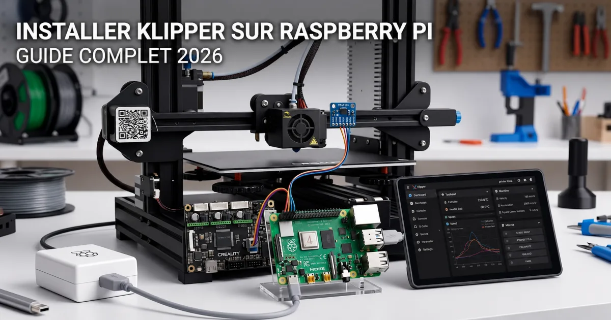 Raspberry Pi 4 connecté par USB à une carte mère d'imprimante 3D Creality avec l'interface Mainsail affichée sur un écran