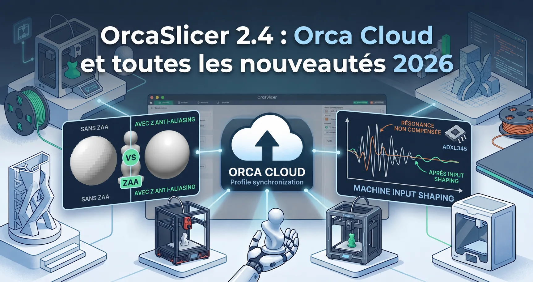 Interface OrcaSlicer 2.4 avec le panneau Orca Cloud ouvert et la prévisualisation d'une pièce courbée après Z Anti-Aliasing