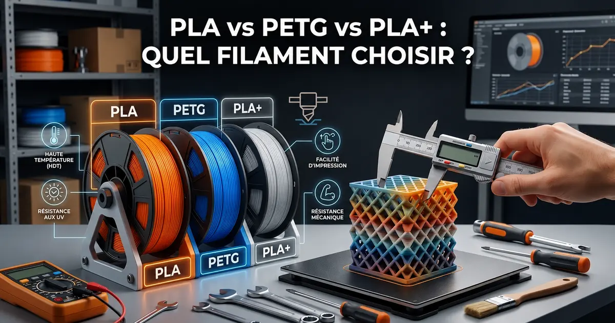 Comparatif filaments PLA, PLA+, PETG, ABS et ASA pour imprimante 3D FDM — températures et propriétés 2026