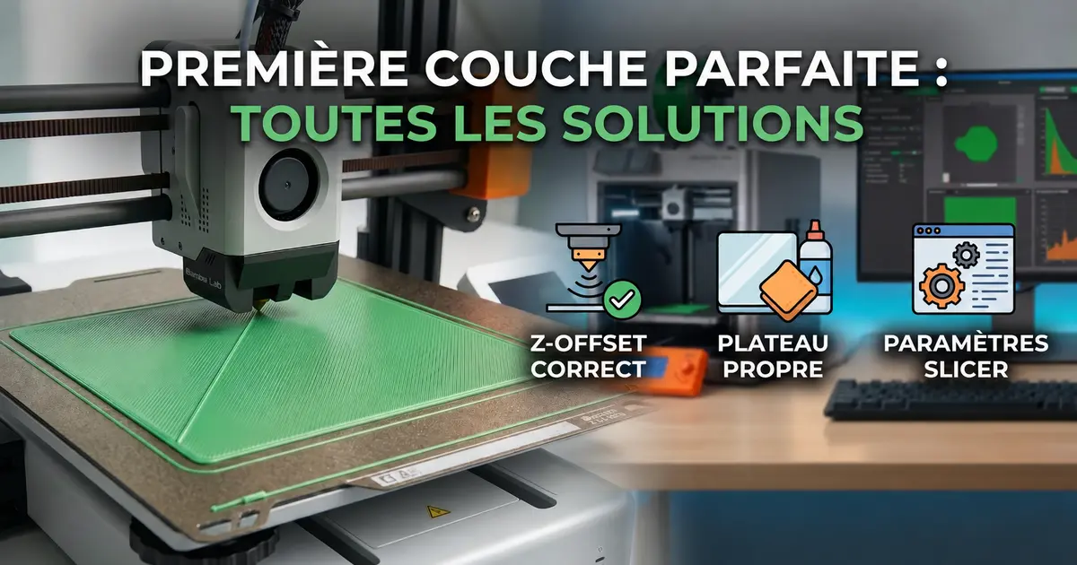 Première couche imprimante 3D parfaite — diagnostic Z-offset plateau PEI adhérence brim OrcaSlicer Bambu Lab 2026
