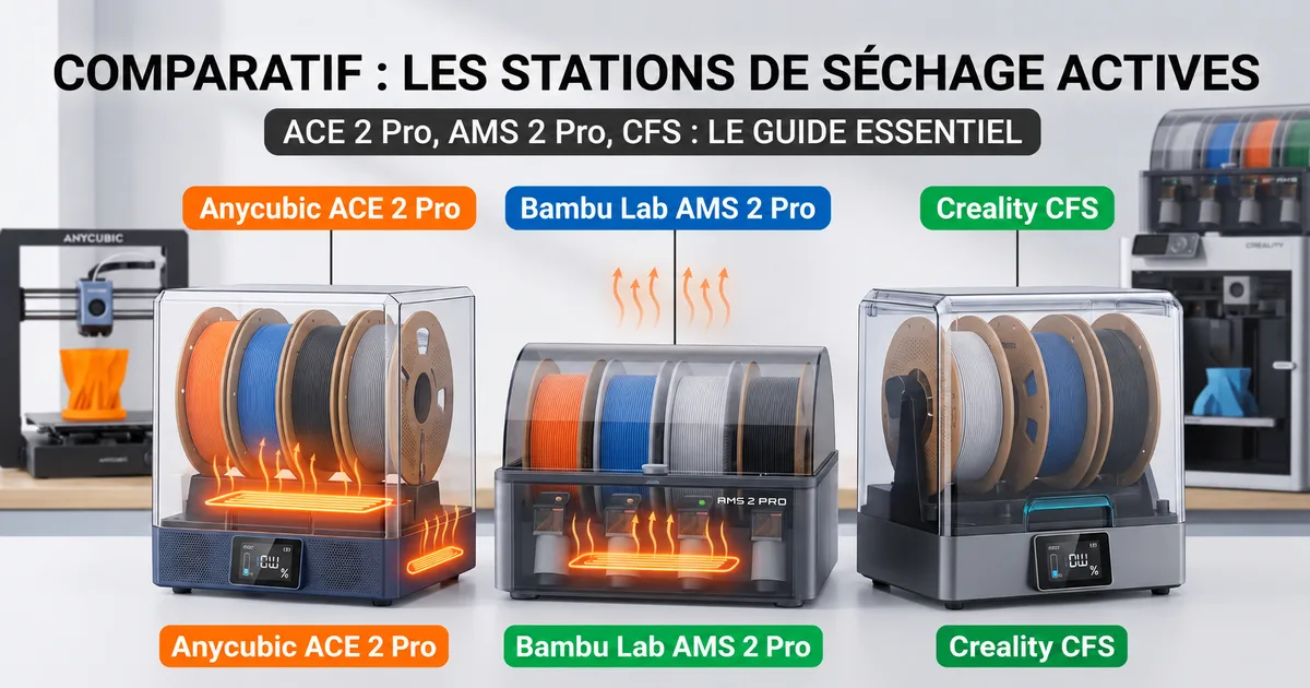 Station de séchage filament active branchée à une imprimante 3D multicolore, avec capteur d'humidité et bobines de filament