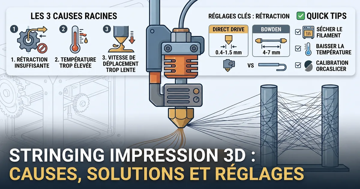 Fils de filament (stringing) visibles entre deux colonnes d'une impression 3D FDM sur plateau chauffant