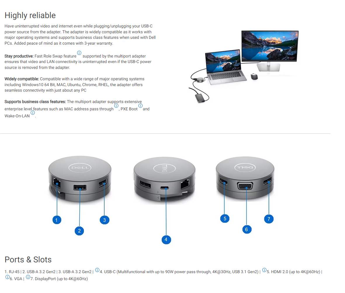 USB ADAPTER (อุปกรณ์แปลงสัญญาณต่อพ่วงยูเอสบี) DELL 7-IN-1 USB-C