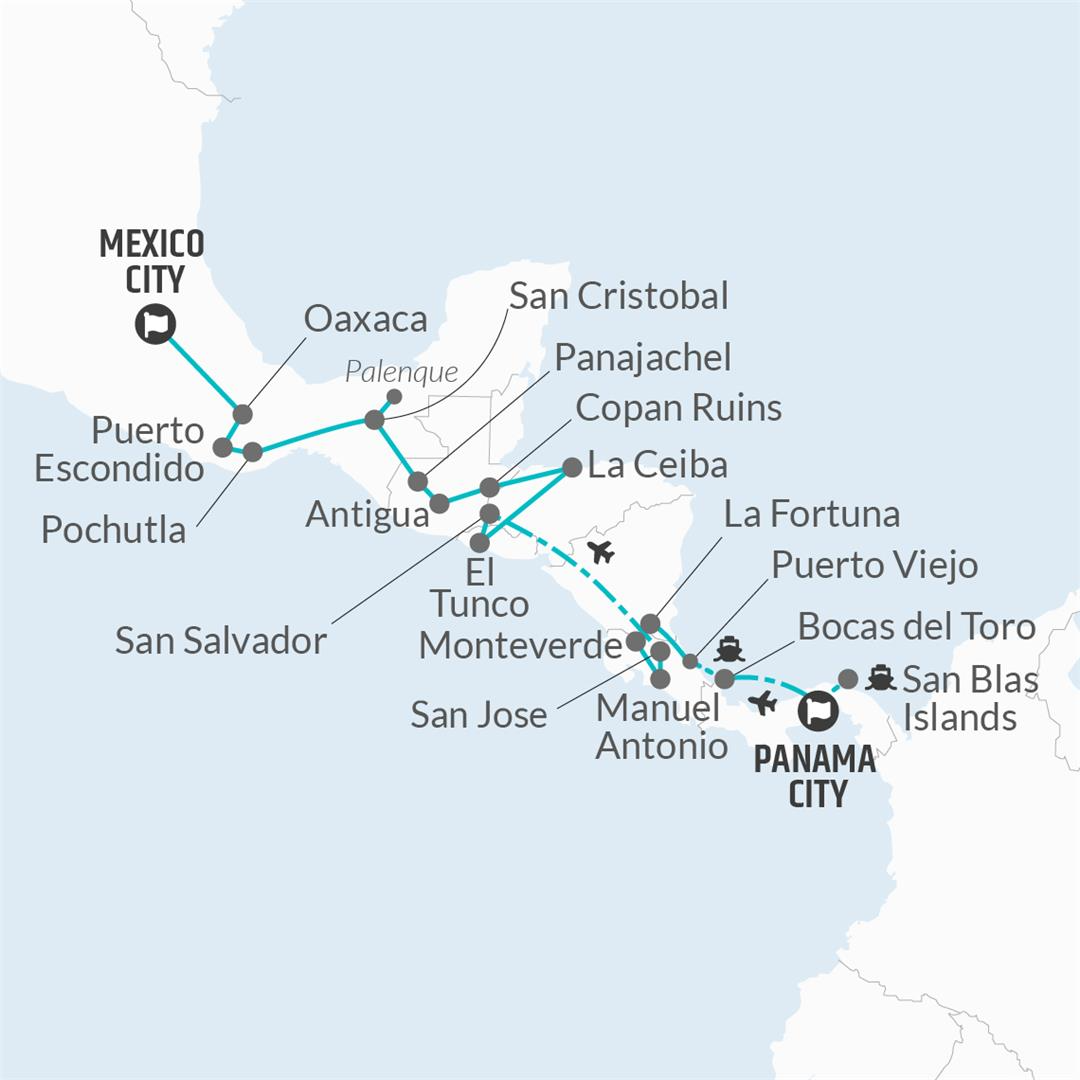 tourhub | Bamba Travel | Panama City to Mexico Maya Express Pass | Tour Map