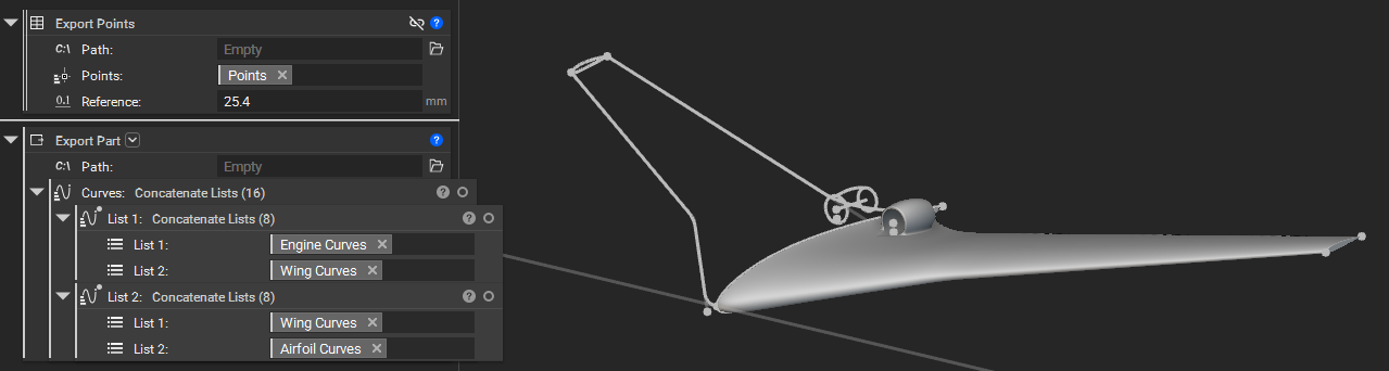 nTop interface displaying a flying wing and duct model with the Export Part and Export Points blocks active in the left notebook panel.