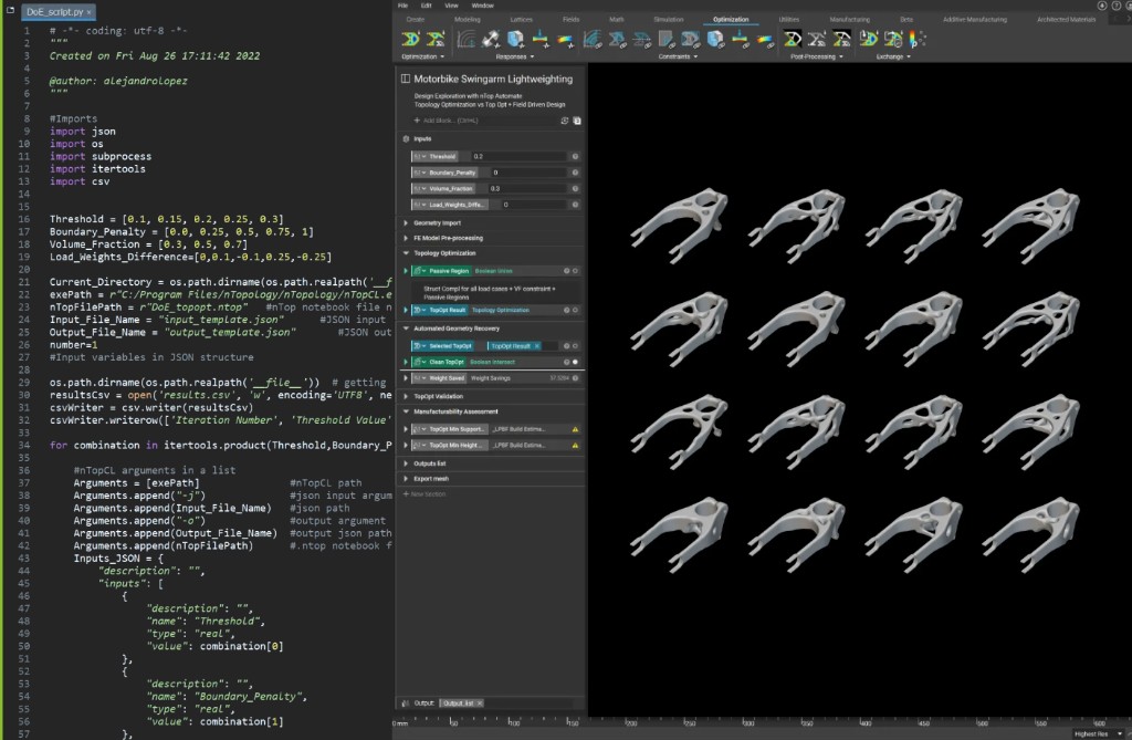Python script driving nTop via nTopCL with topology optimization results