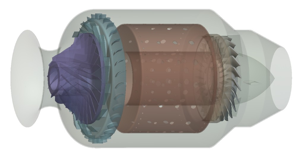Transparent view of turbine engine core: compressor, combustor, and turbine