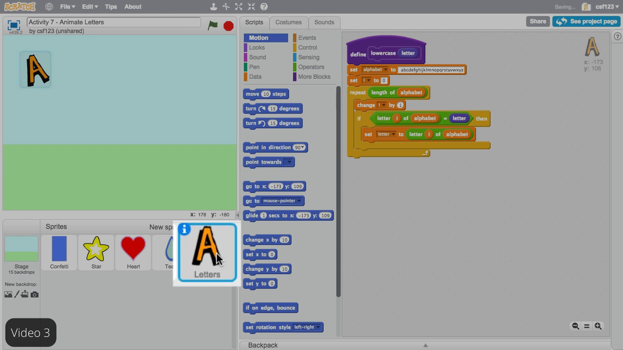 Example of Scratch code to teach the alphabet.