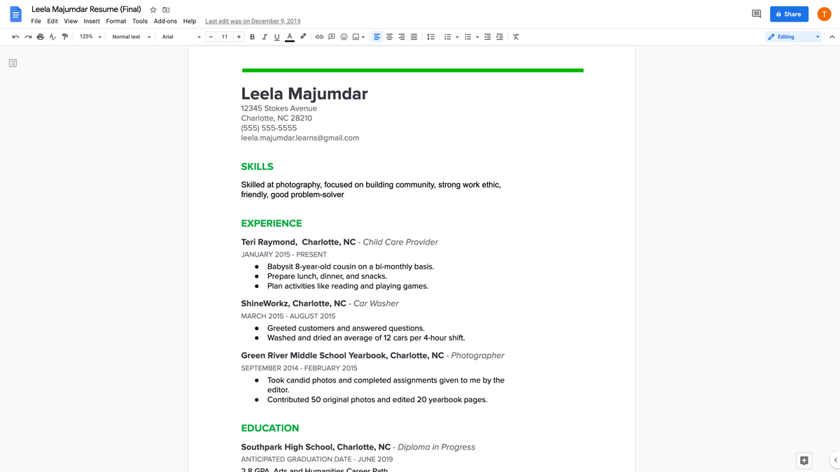 how to create a resume on docs