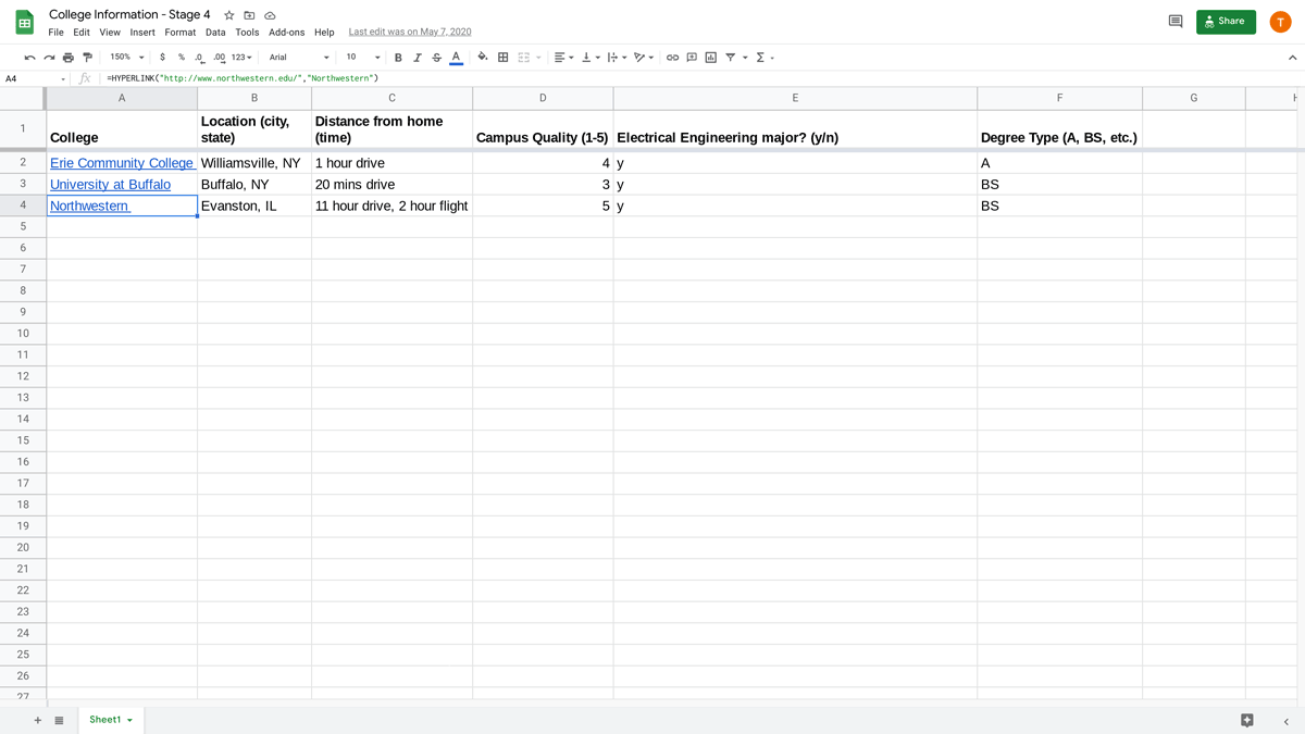 college assignments spreadsheet