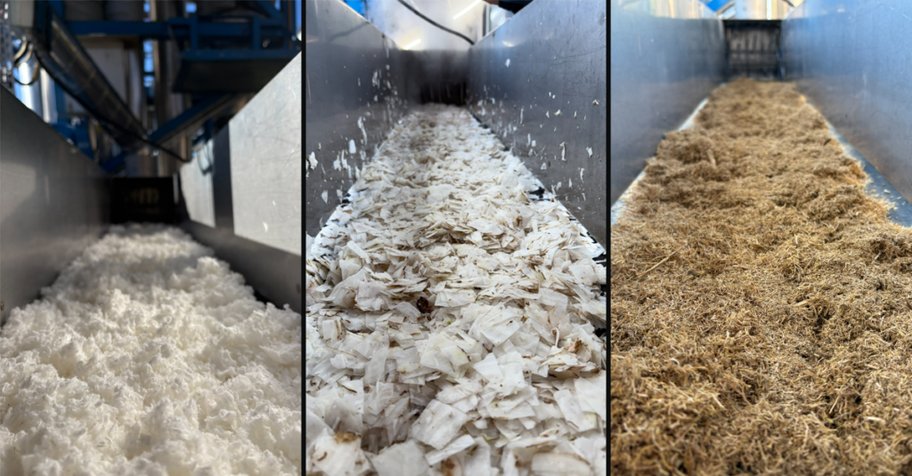 Tre bredvid-varandra placerade bilder visar olika material på transportband i en industriell miljö. Den vänstra bilden visar pappersmassa; ett vitt, fluffigt fiberliknande material. Den mittersta bilden visar sockerbete; tunna, ljusa skivor. Den högra bilden visar bagasse; ett brunt, stråliknande och finfördelat biomaterial. Alla tre transportband är har höga metallväggar och befinner sig i en fabriksmiljö.