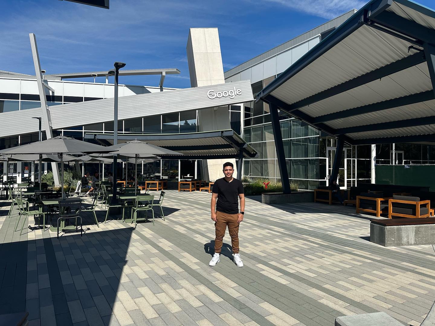 The happiness of the person visiting Google's headquarters