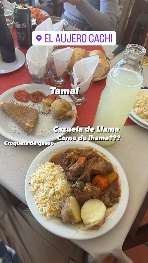 Cazuela de Llama - Llama meat??? - Tamal - Croqueta de queso