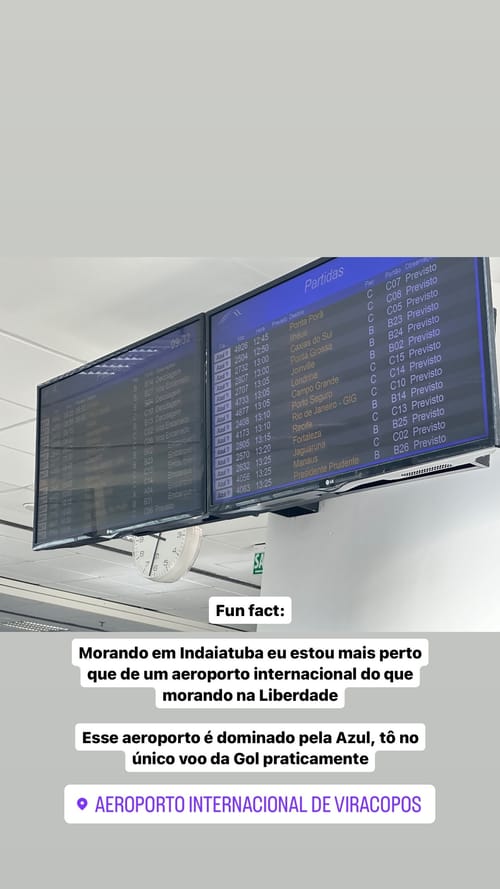Fun fact: Living in Indaiatuba I'm closer to an international airport than living in Liberdade - This airport is dominated by Azul, I'm on the only Gol flight practically