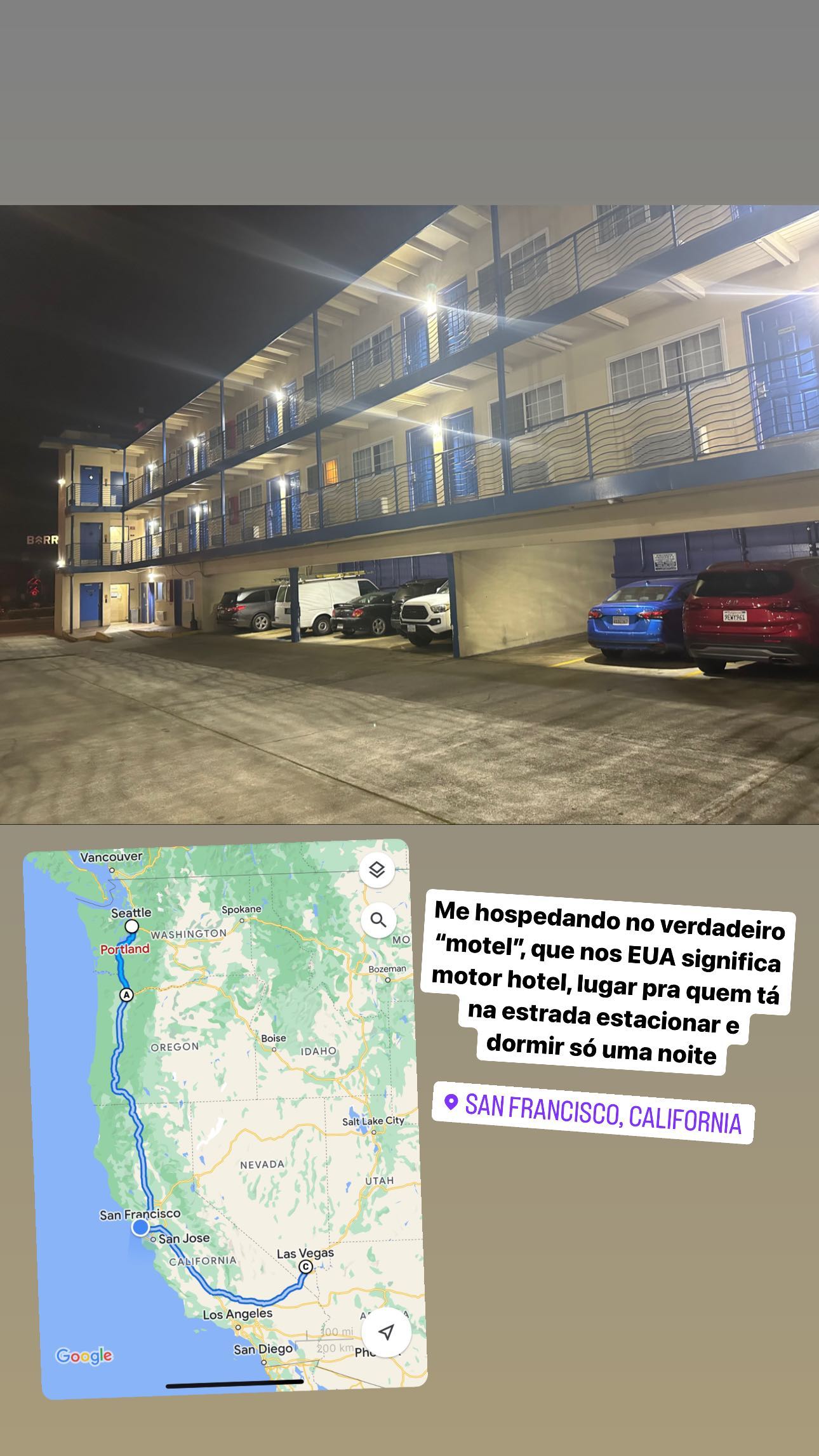 Me hospedando no verdadeiro "motel", que nos EUA significa motor hotel, lugar pra quem tá na estrada estacionar e dormir só uma noite