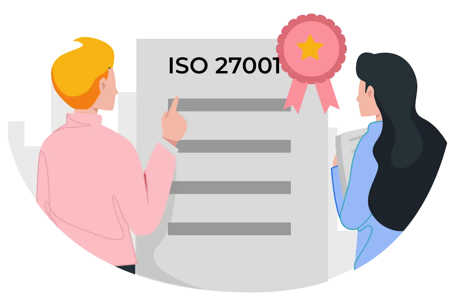 ilustración de dos personas que observan de espaldas una certificación ISO 27001