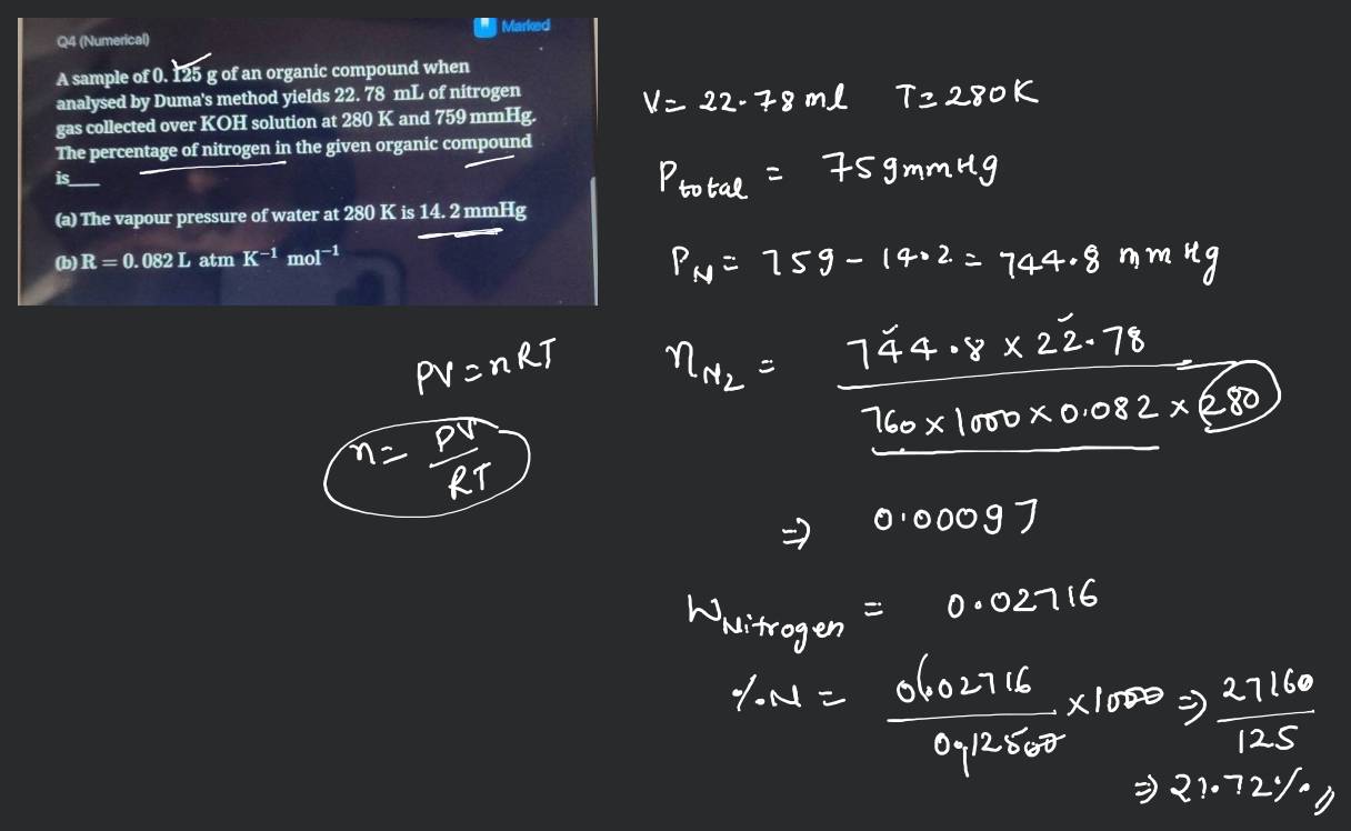 A sample of \( 0.125 \mathrm{~g} \) of an organic compound when analysed by  Dumas method yields  