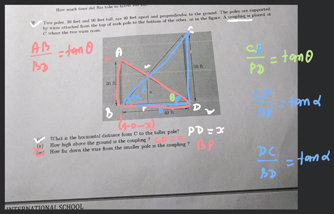 37. Two poles, 30 feet and 50 feet tall, are 40 feet npart and perpendicu..