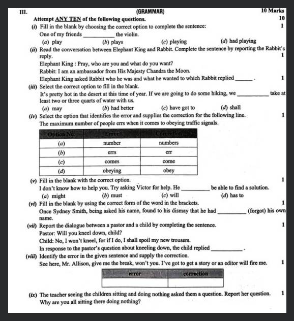 SECTION B- GRAMMAR Attempt ANY TEN of the following questions. i. Fill in..