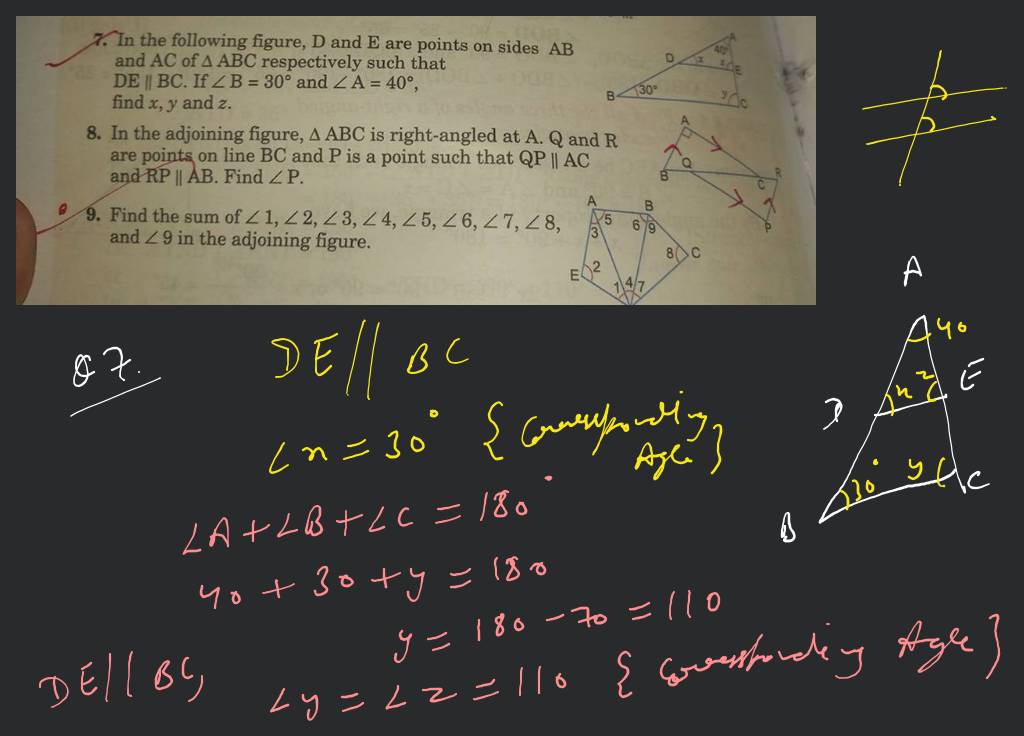 7. In the following figure D and E are points on sides AB and AC