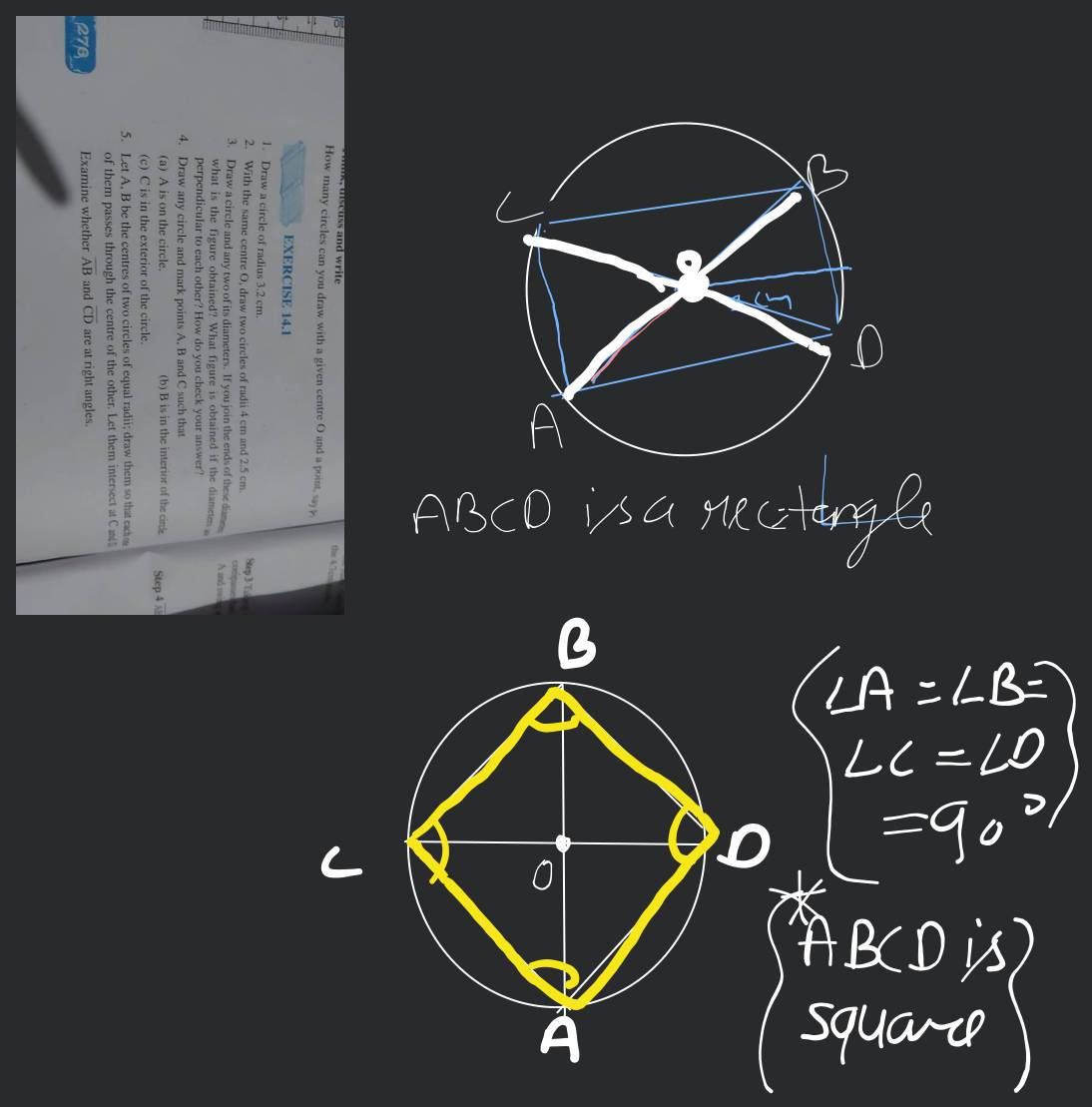 draw a circle with radius 3cm. mask the center as o. draw any two diameter  AB and CD. join the end points of - Brainly.in