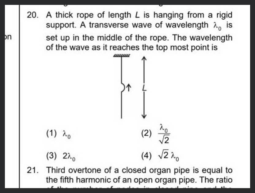 A thick uniform rope of length L is hanging from a rigid support. A  transverse wave of wavelength lambda _0 is up the middle of rope as shown  figure. The wavelength of