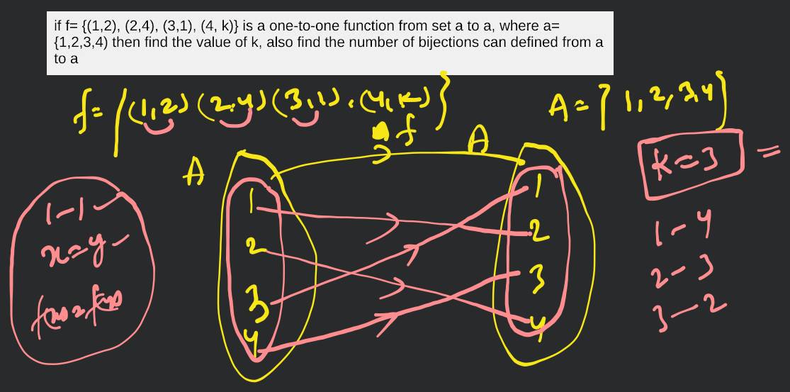 if f= {(1,2), (2,4), (3,1), (4, k)} is a function from set a t..