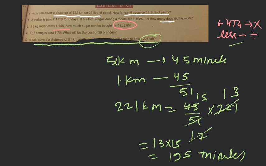 1. A car can cover a distance of 522 km on 36 litre of petrol. How