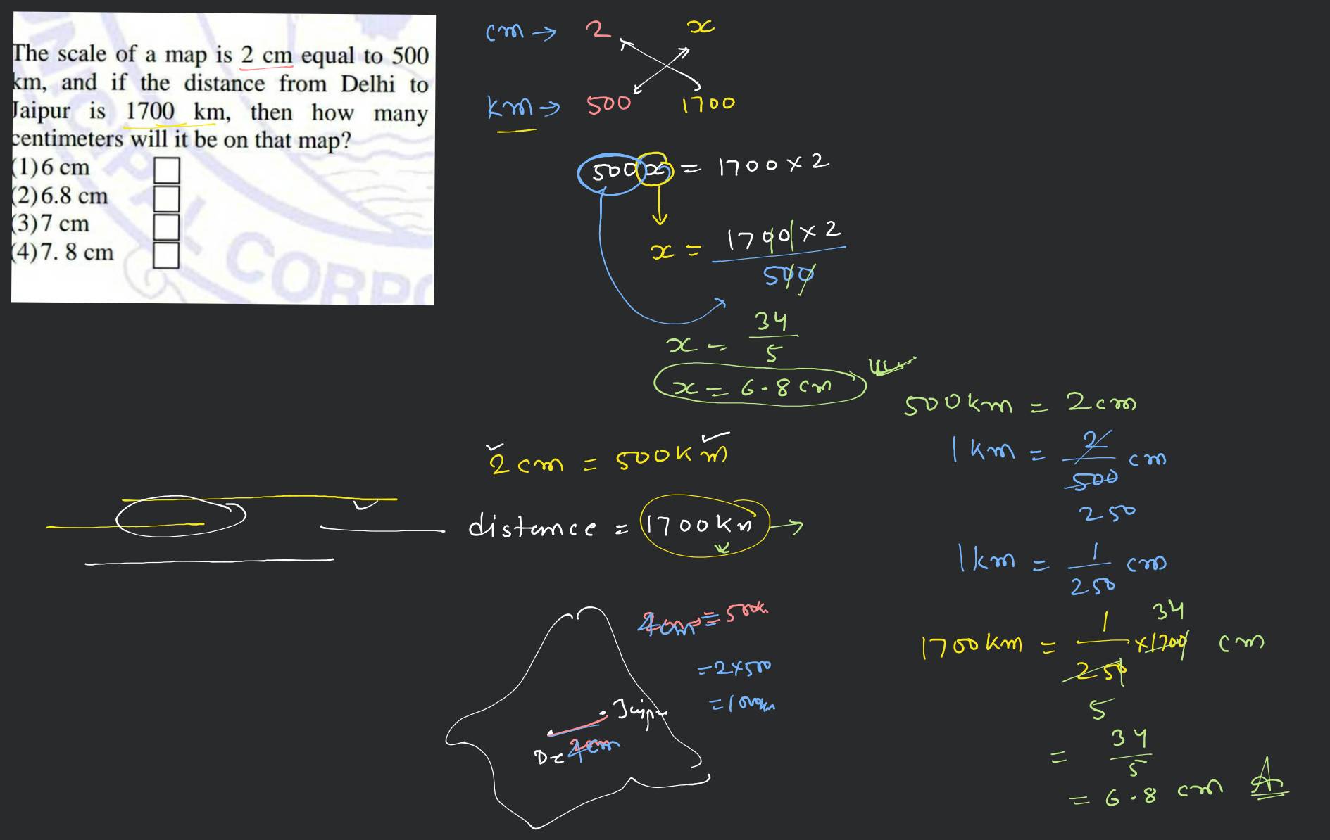 The scale of a map is 2 cm equal to 500 km and if the distance