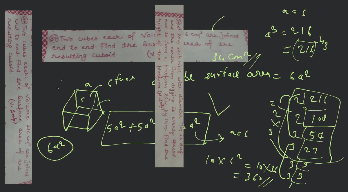 Two cubes each of volume 216 cm3 are joined to form a cuboid as shown in  the figure.Find the T.S.A of the resulting cuboid.