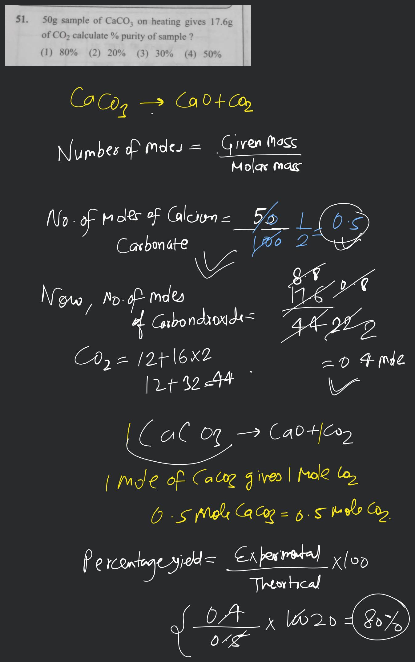 50 g sample of CaCO3 on heating gives 17.6 g of CO2 calculate % purity