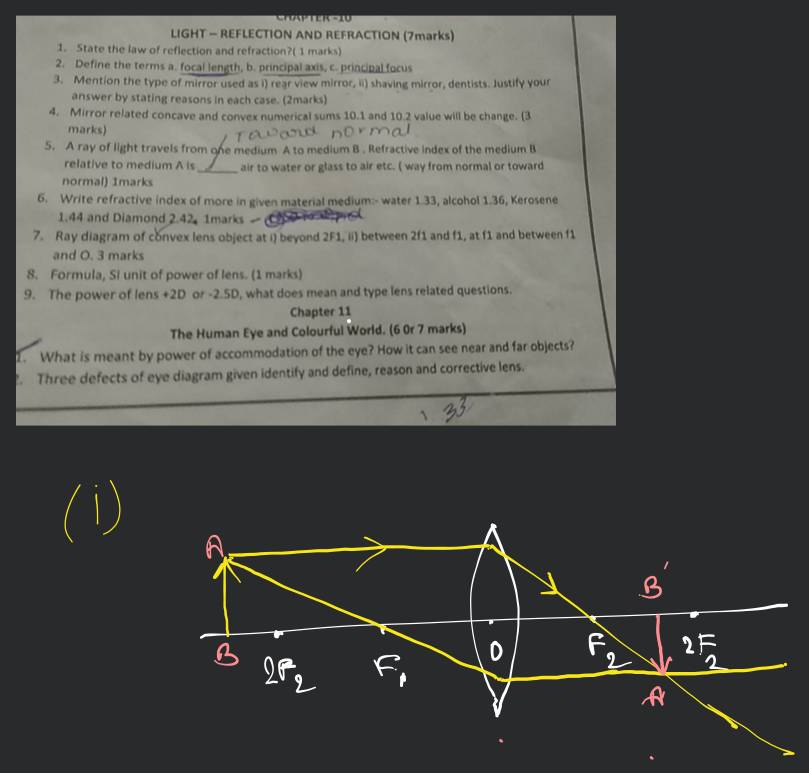 Ray diagram of convex lens object at i) beyond 2 F1, ii) between 2f1 and