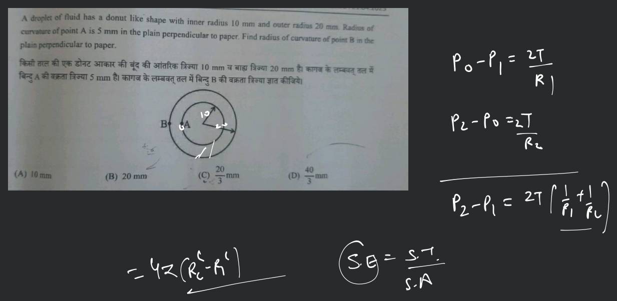 A droplet of fluid has a donut like shape with inner radius 10 mm and out..