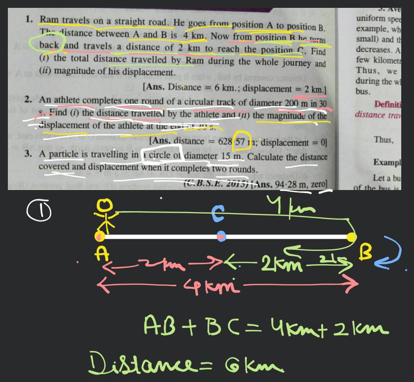 1. Ram travels on a straight road. He goes from position A to