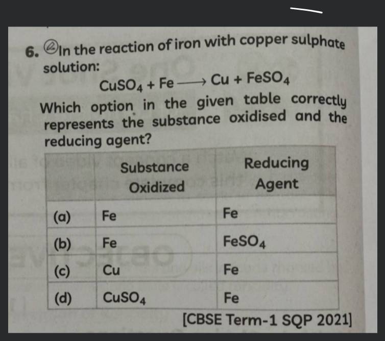 6. In the reaction of iron with copper sulphate solution: CuSO4 +Fe Cu+Fe..