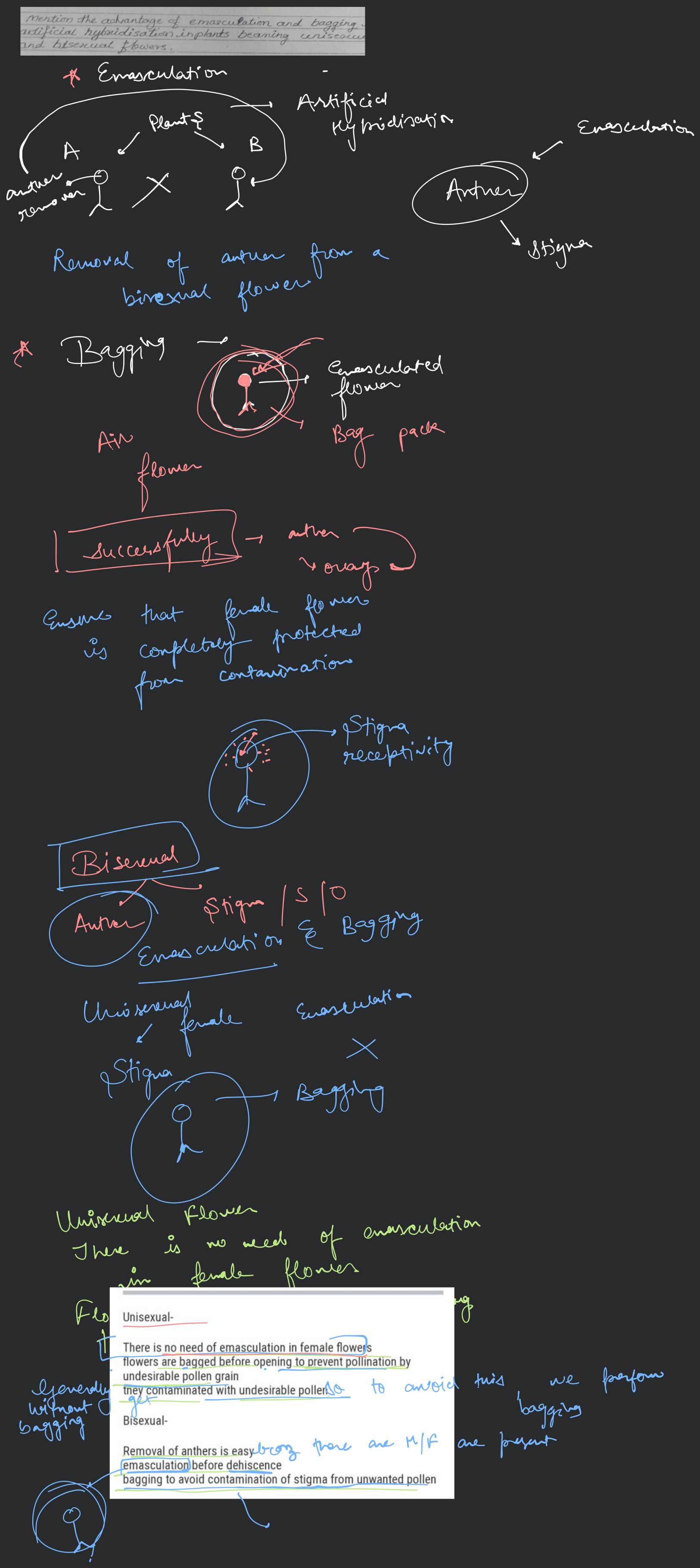 With the help of diagrams describe emasculation and bagging.