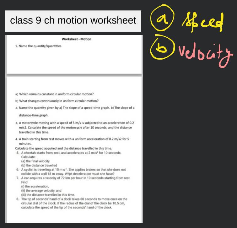 Worksheet for class 9 science motion