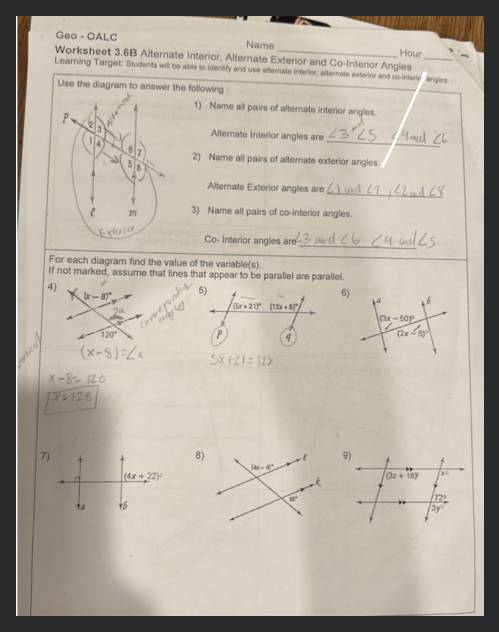 Geo Oalc Worksheet 3 6b Alternate Interior Hour Learning Targe