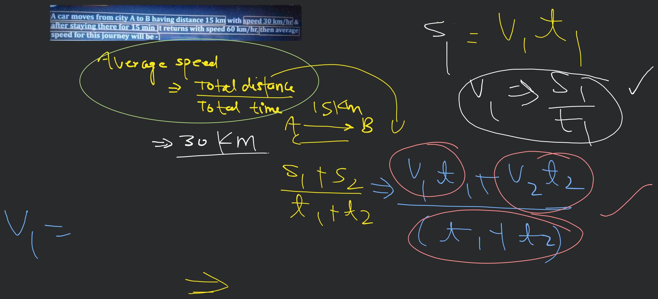 A car moves from city A to B having distance 15 km with speed 30