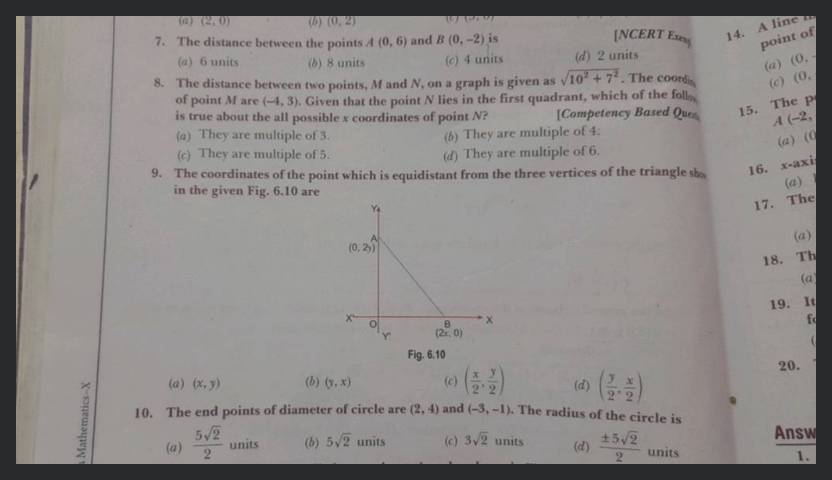 The distance between two points, M and N, on a graph is given as 102+72 ...