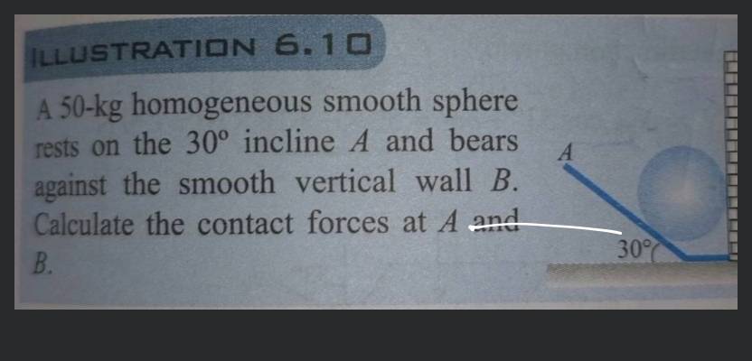 The 50 kg homogeneous smooth sphere rests on the 30^circ incline A and  bears against the smooth vertical wall B. Calculate the contact forces A  and B.