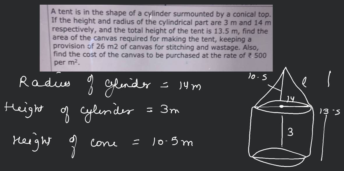 A tent is in the shape of a cylinder surmounted by a conical top.