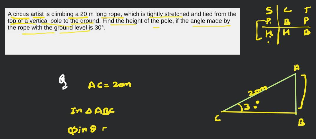 A circus artist is climbing a 20 m long rope, which is tightly stretched  and tied from the top of a vertical pole to the ground. Find the height of  the pole