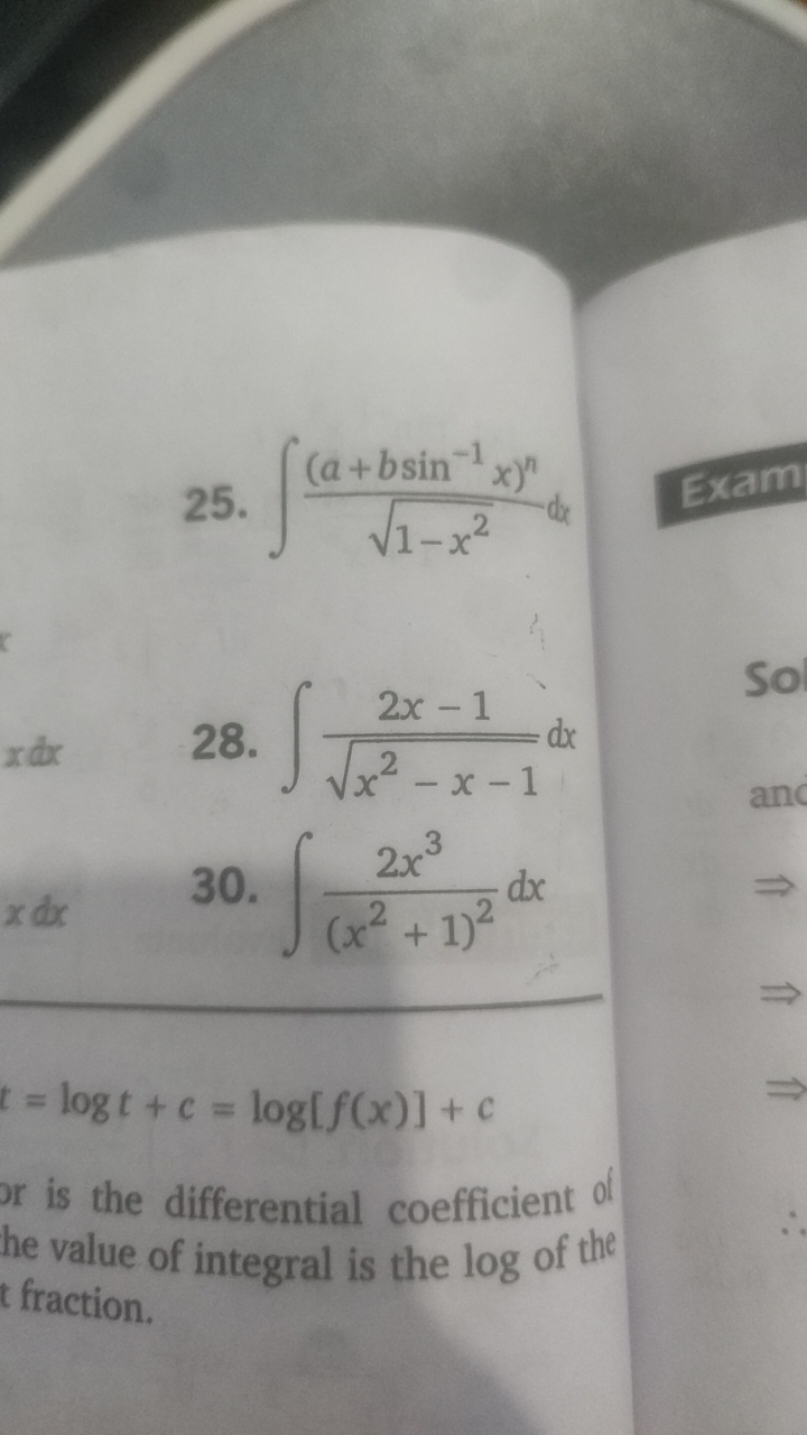 25. ∫1−x2​(a+bsin−1x)n​dx

Exam
28. ∫x2−x−1​2x−1​dx
30. ∫(x2+1)22x3​dx