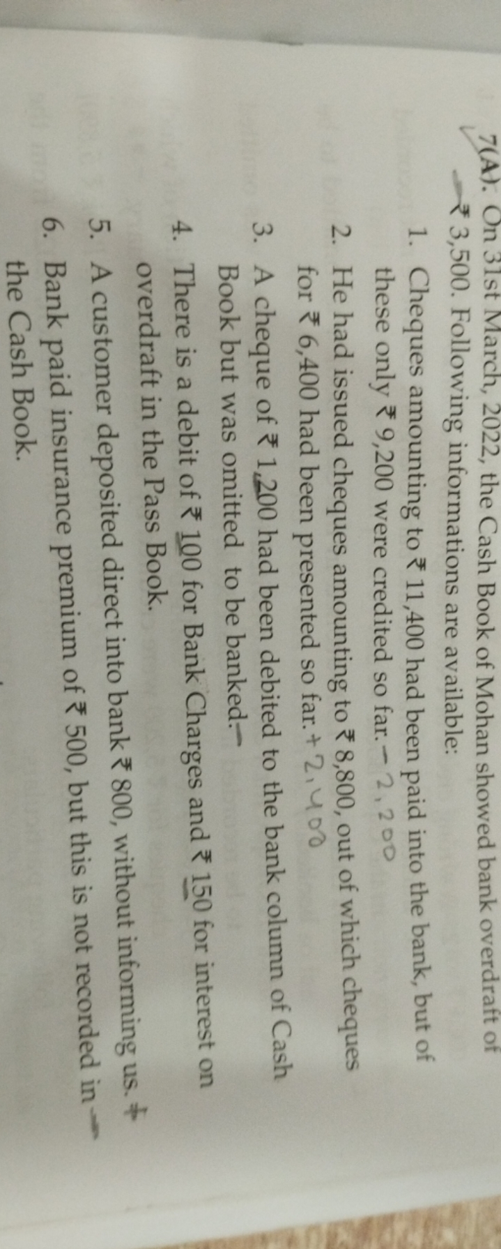 7(A). On 31st March, 2022, the Cash Book of Mohan showed bank overdraf