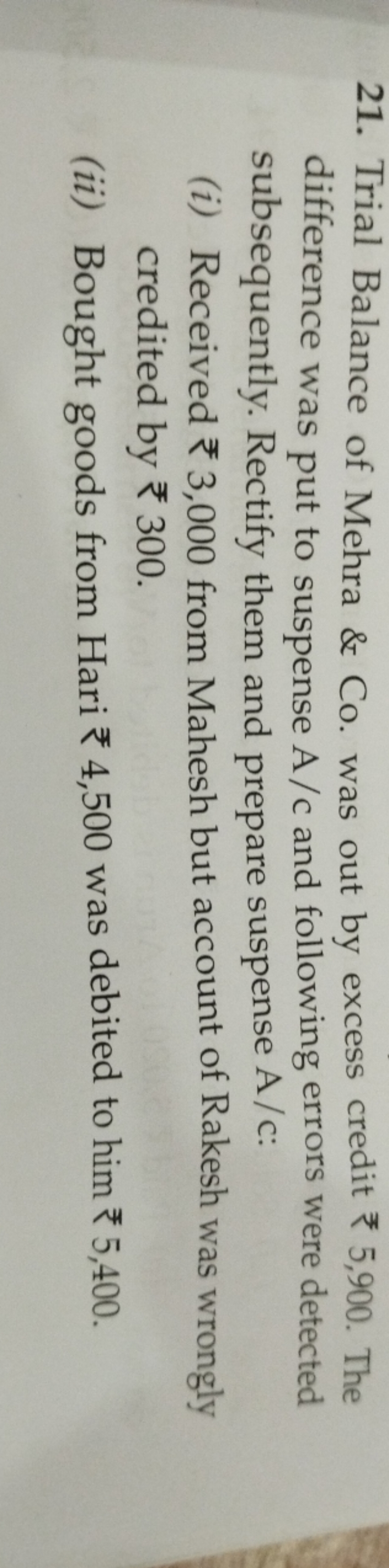 21. Trial Balance of Mehra \& Co. was out by excess credit ₹5,900. The